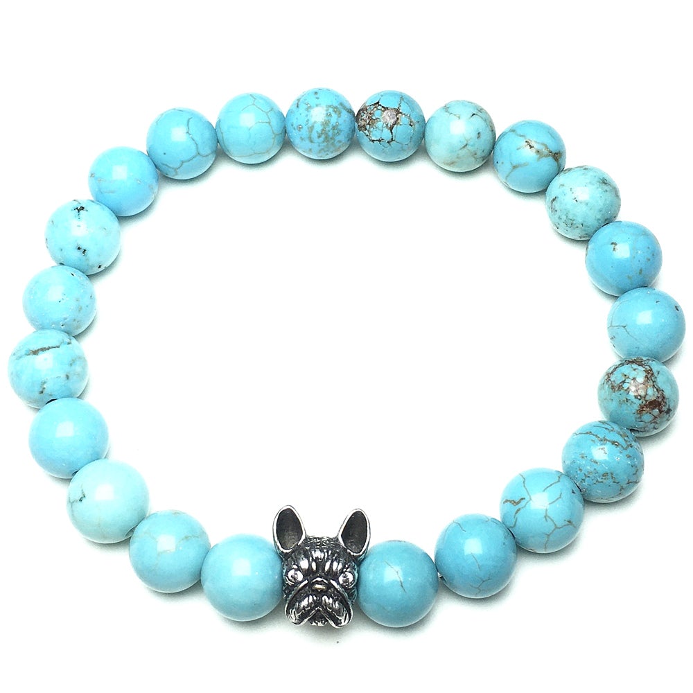 French Bulldog Bracelet For Men Women Natural Blue Turqouise Beaded Jewelry