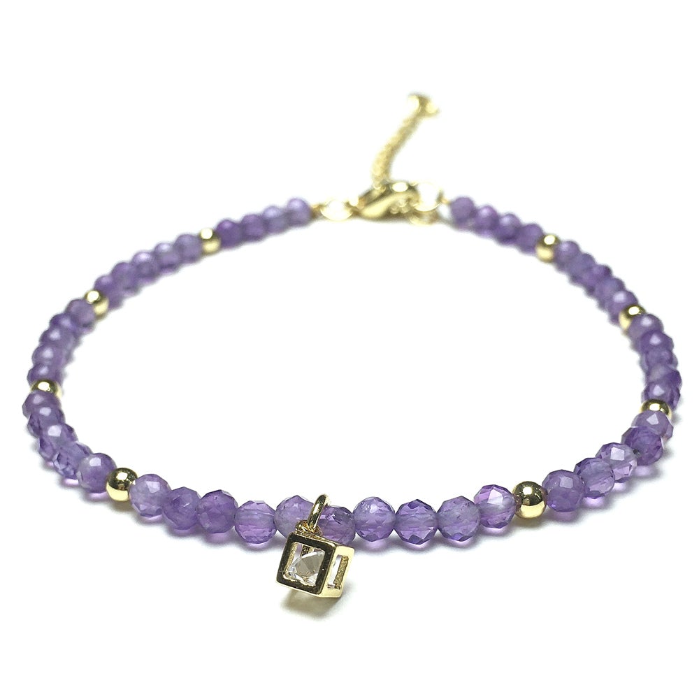 Amethyst Gemstone with Rhinestone Charm Adjustable Beaded Bracelet