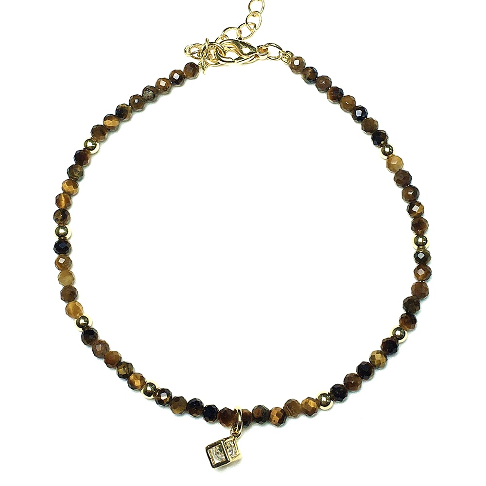 Tiger Eyes Gemstone with Rhinestone Cubic Charm Adjustable Tiny Gemstone Beads Bracelet
