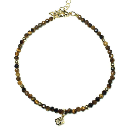 Tiger Eyes Gemstone with Rhinestone Cubic Charm Adjustable Tiny Gemstone Beads Bracelet