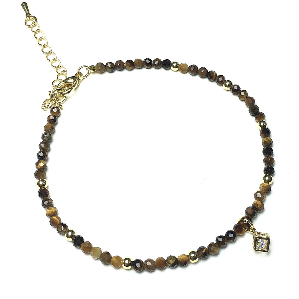 Tiger Eyes Gemstone with Rhinestone Cubic Charm Adjustable Tiny Gemstone Beads Bracelet
