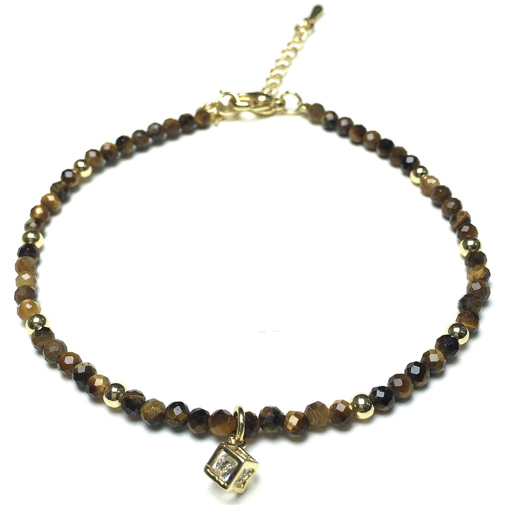 Tiger Eyes Gemstone with Rhinestone Cubic Charm Adjustable Tiny Gemstone Beads Bracelet