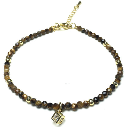 Tiger Eyes Gemstone with Rhinestone Cubic Charm Adjustable Tiny Gemstone Beads Bracelet