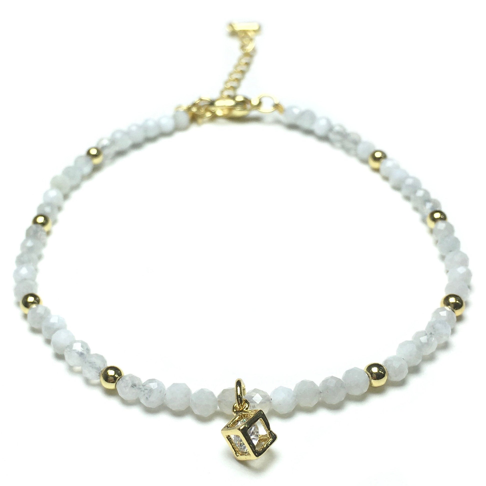 Moonstone Gemstone with Rhinestone Cubic Charm Adjustable Tiny Gemstone Beads Bracelet