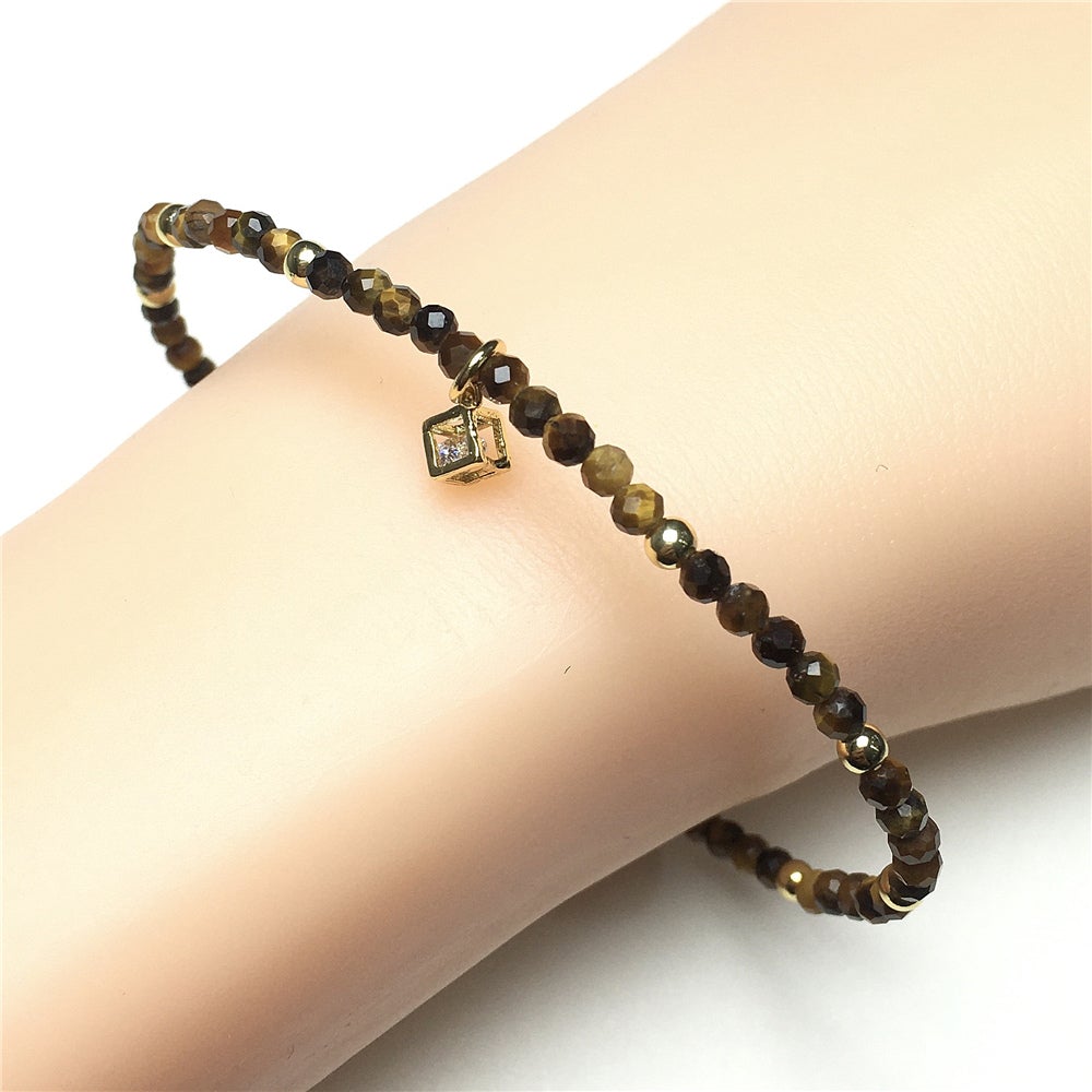 Tiger Eyes Gemstone with Rhinestone Cubic Charm Adjustable Tiny Gemstone Beads Bracelet