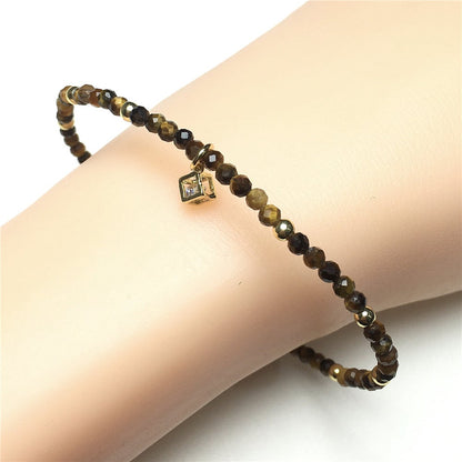 Tiger Eyes Gemstone with Rhinestone Cubic Charm Adjustable Tiny Gemstone Beads Bracelet