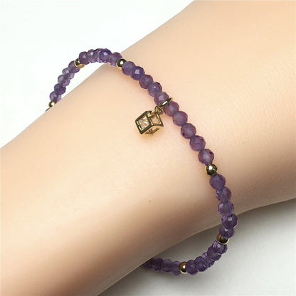 Amethyst Gemstone with Rhinestone Charm Adjustable Beaded Bracelet