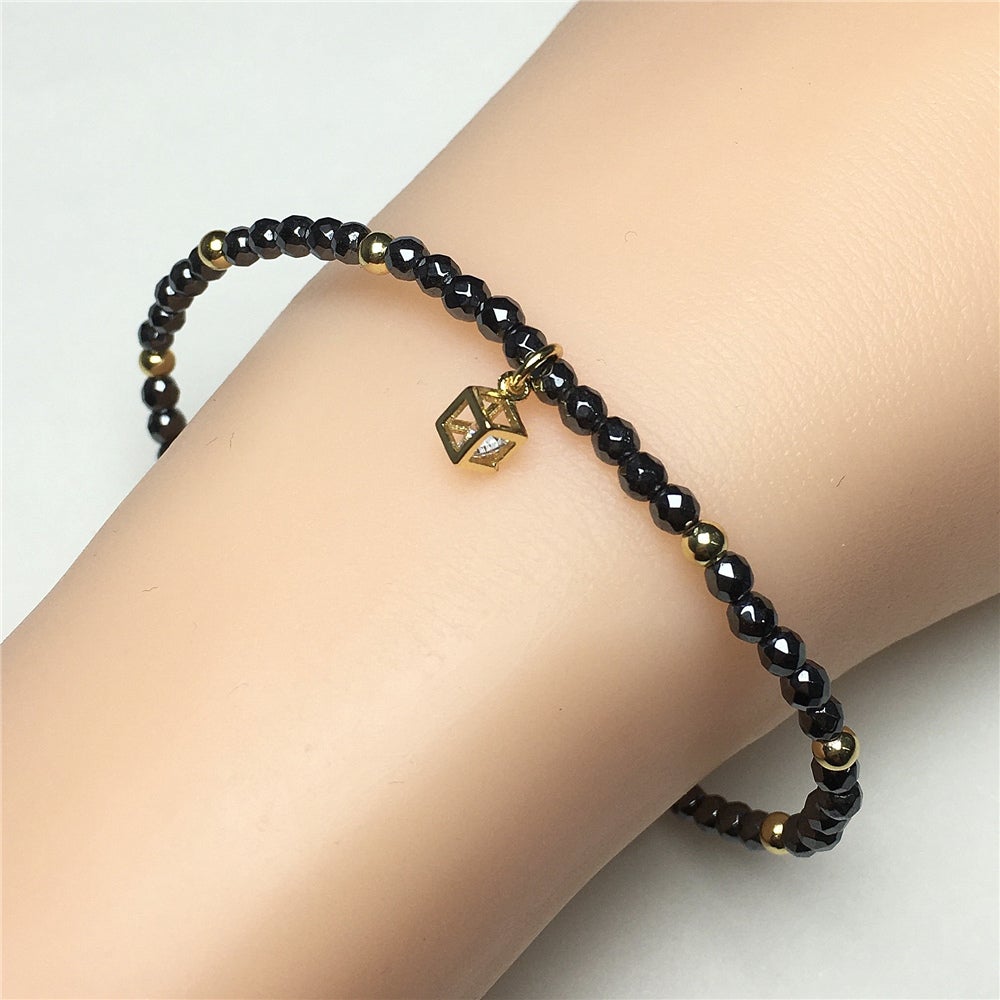 Hematite Gemstone with Rhinestone Cubic Charm Adjustable Tiny Gemstone Beads Bracelet