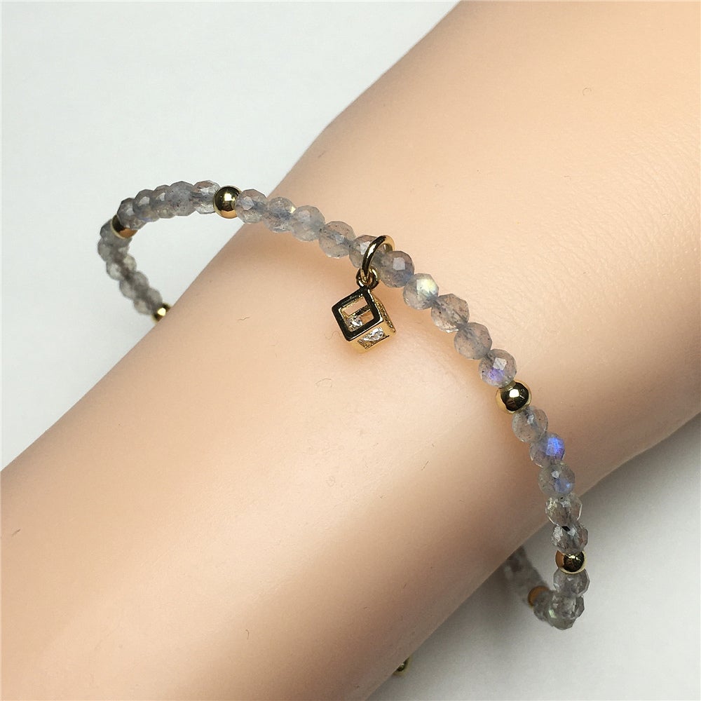 Labradorite Gemstone with Rhinestone Cubic Charm Adjustable Tiny Gemstone Beads Bracelet