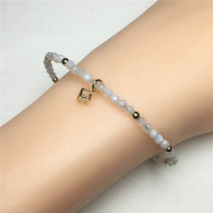 Moonstone Gemstone with Rhinestone Cubic Charm Adjustable Tiny Gemstone Beads Bracelet