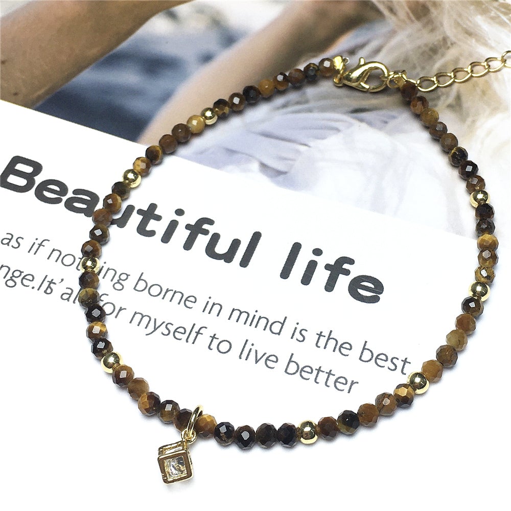 Tiger Eyes Gemstone with Rhinestone Cubic Charm Adjustable Tiny Gemstone Beads Bracelet