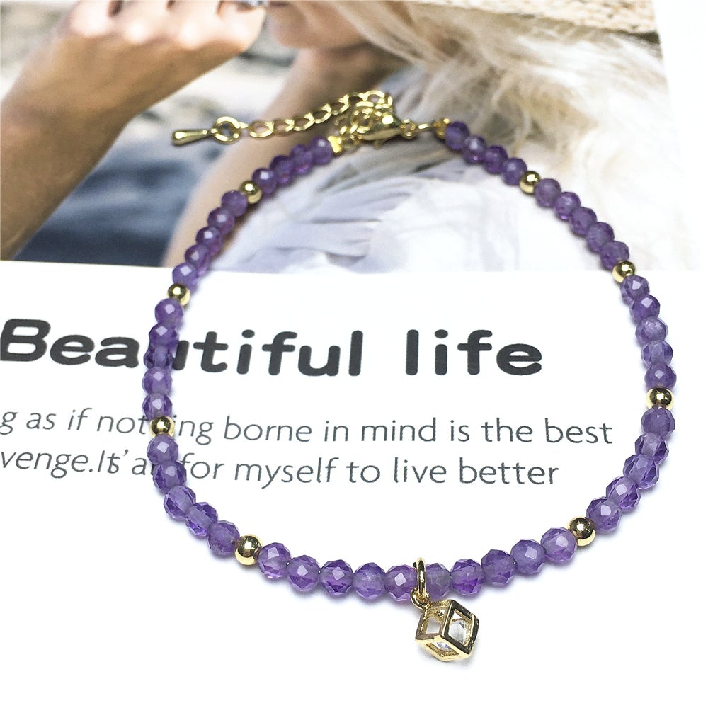 Amethyst Gemstone with Rhinestone Charm Adjustable Beaded Bracelet