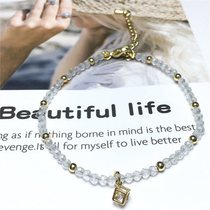 Clear Quartz Gemstone with Rhinestone Cubic Charm Adjustable Tiny Gemstone Beads Bracelet