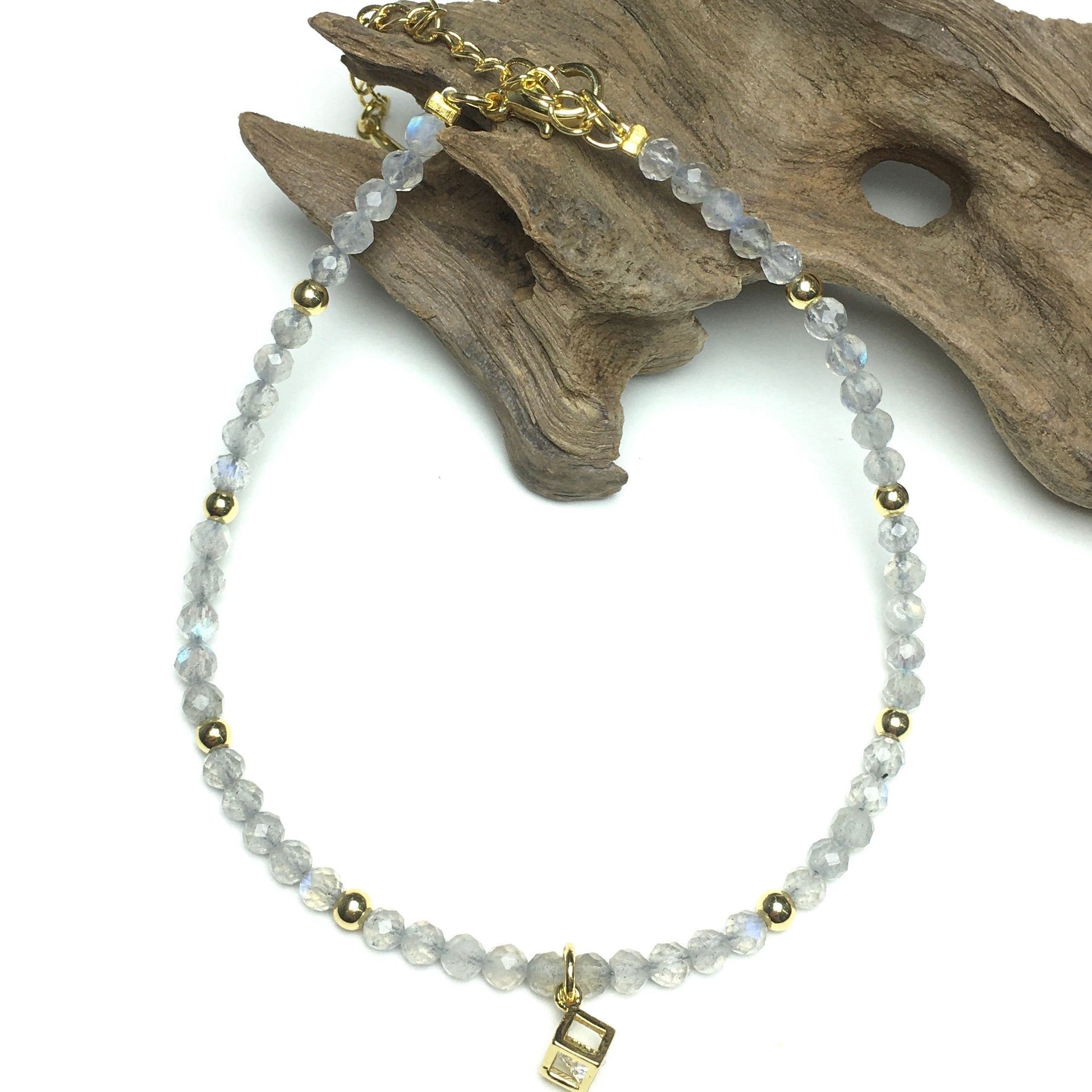 Labradorite Gemstone with Rhinestone Cubic Charm Adjustable Tiny Gemstone Beads Bracelet