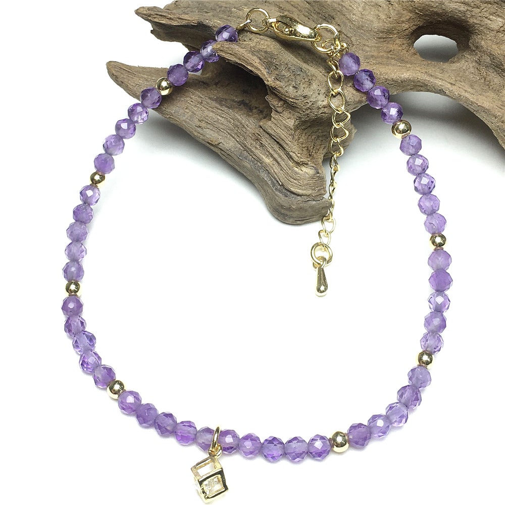 Amethyst Gemstone with Rhinestone Charm Adjustable Beaded Bracelet