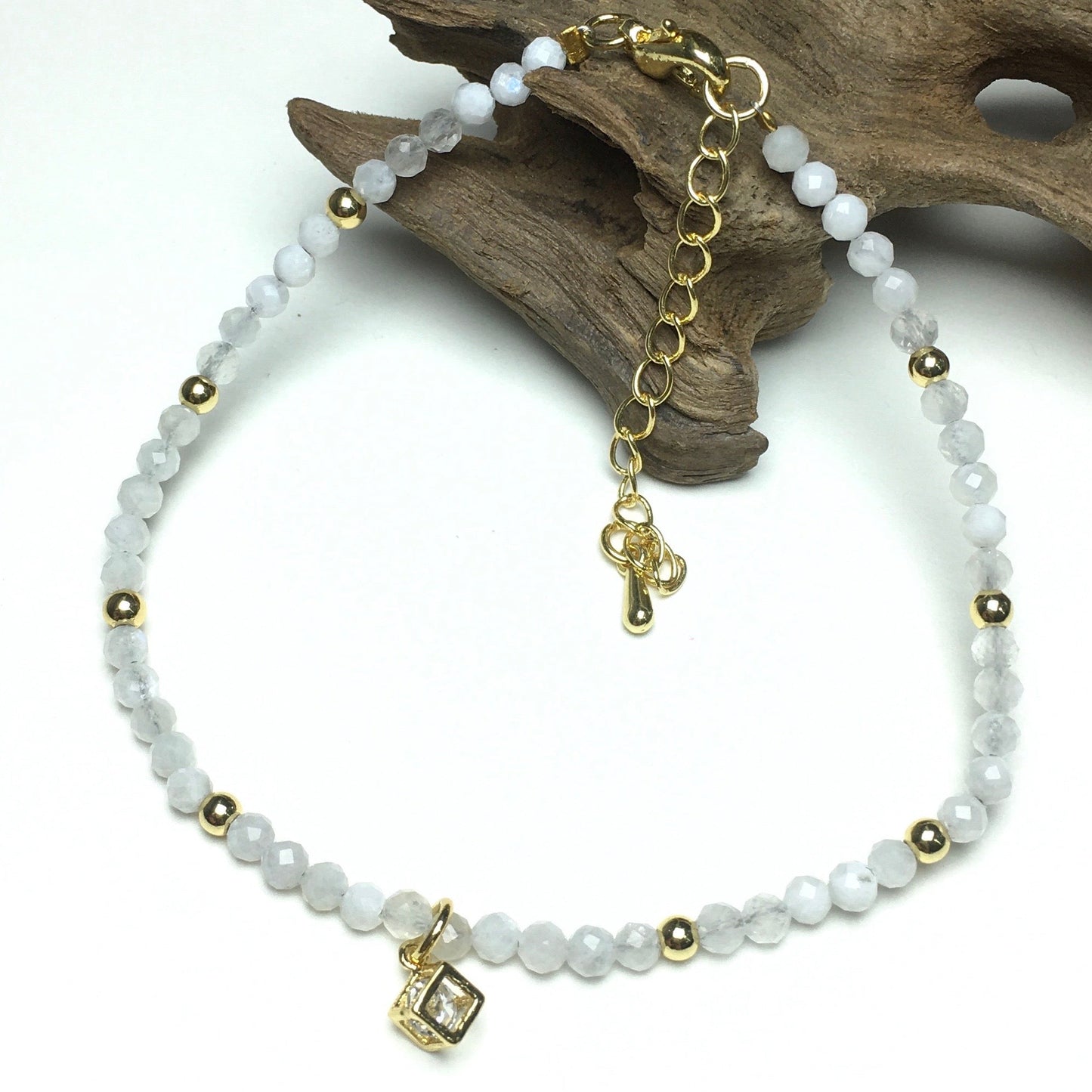 Moonstone Gemstone with Rhinestone Cubic Charm Adjustable Tiny Gemstone Beads Bracelet