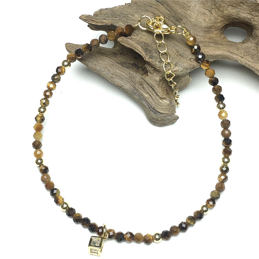 Tiger Eyes Gemstone with Rhinestone Cubic Charm Adjustable Tiny Gemstone Beads Bracelet