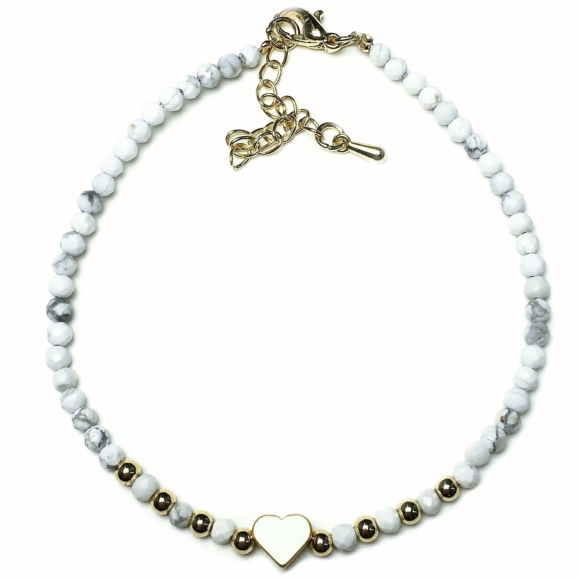 Howlite Gemstone Adjustable tiny Beads Gemstone Bracelet with Love Heart Charm