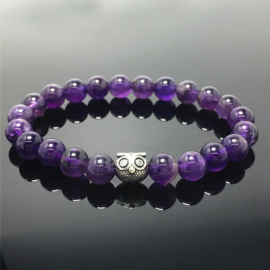 Natural Gemstone Amethyst Handmade Beaded Bracelet Adjustable Bracelet Owl Design