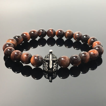Red Tiger Eye Gemstone Beaded Bracelet Elastic Stretch Bracelet Spartan Helmet Design
