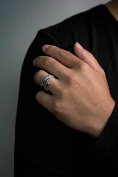 Takahashi Goro 925 Sterling Silver Onyx Feather Ring 