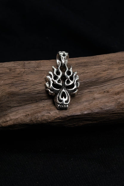 Retro Fire Skull 925 Sterling Silver Pendant