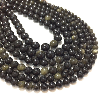 Natural Black Gold Obsidian Round Beads