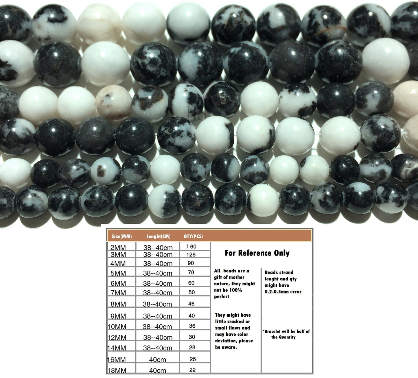 Genuine Natural Black & White Zebra Round Beads