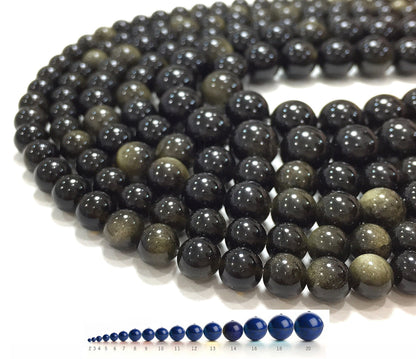 Natural Black Gold Obsidian Round Beads