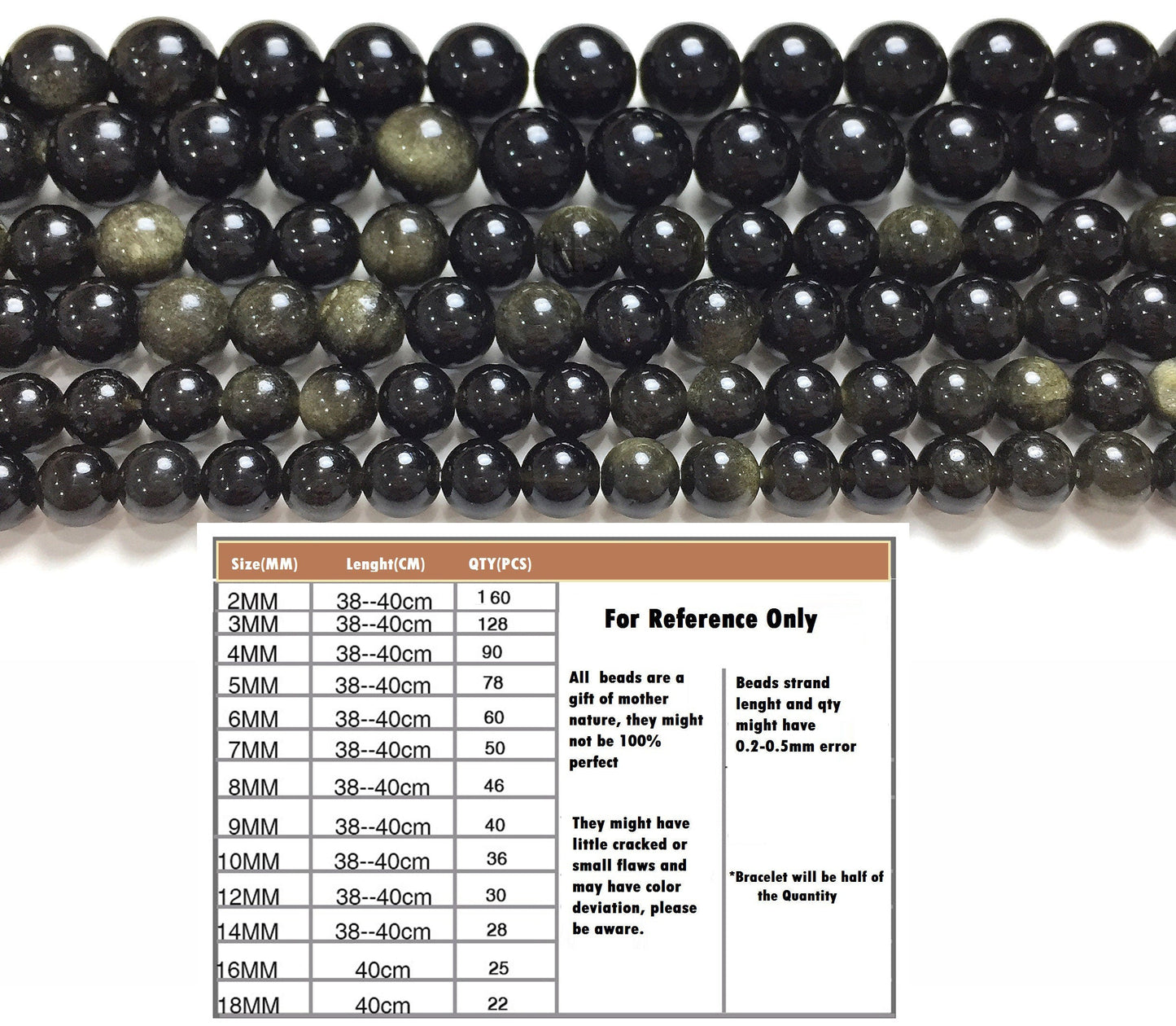 Natural Black Gold Obsidian Round Beads