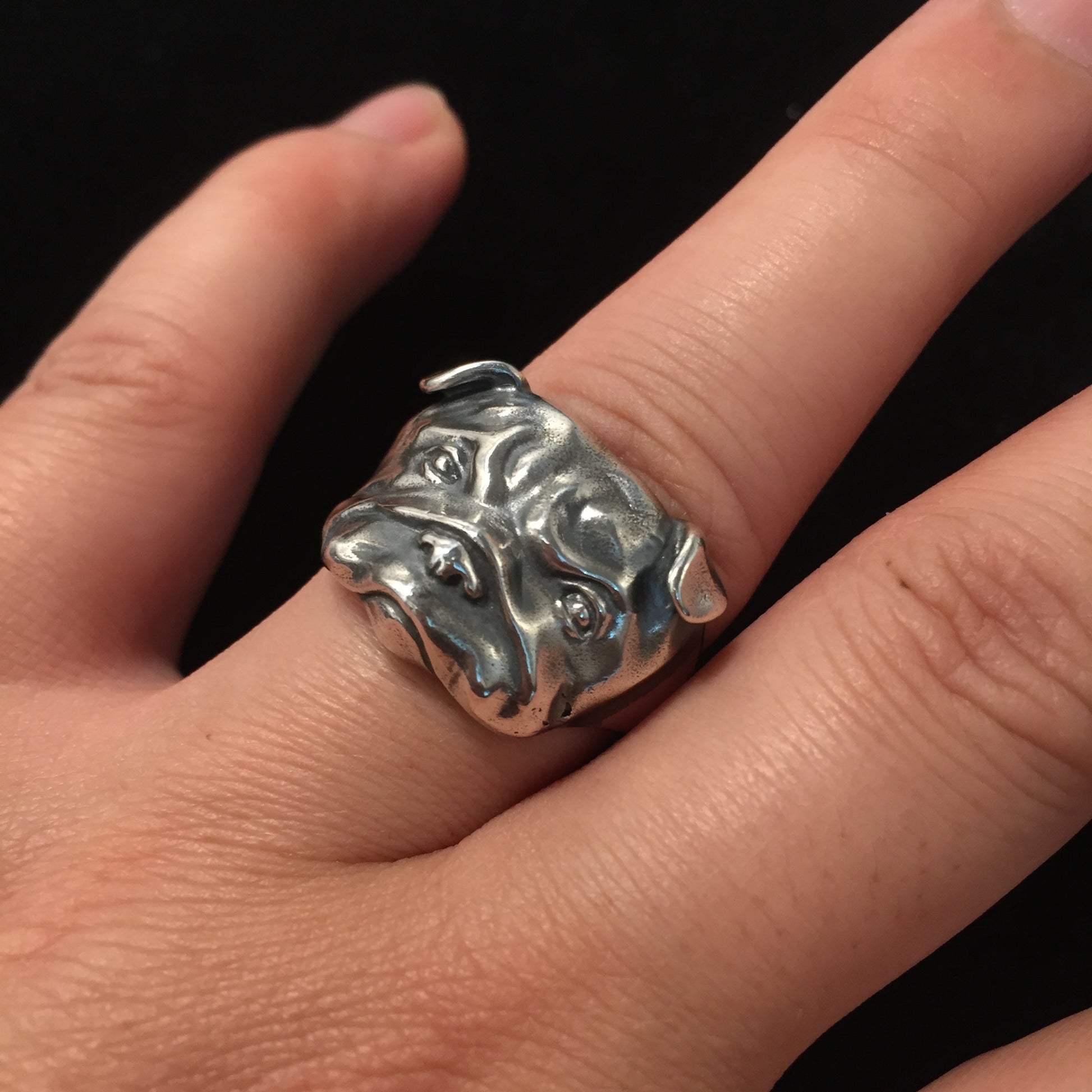 Pit Bull Dog Pug Head Animal Face Ring Retro 925 Sterling Silver